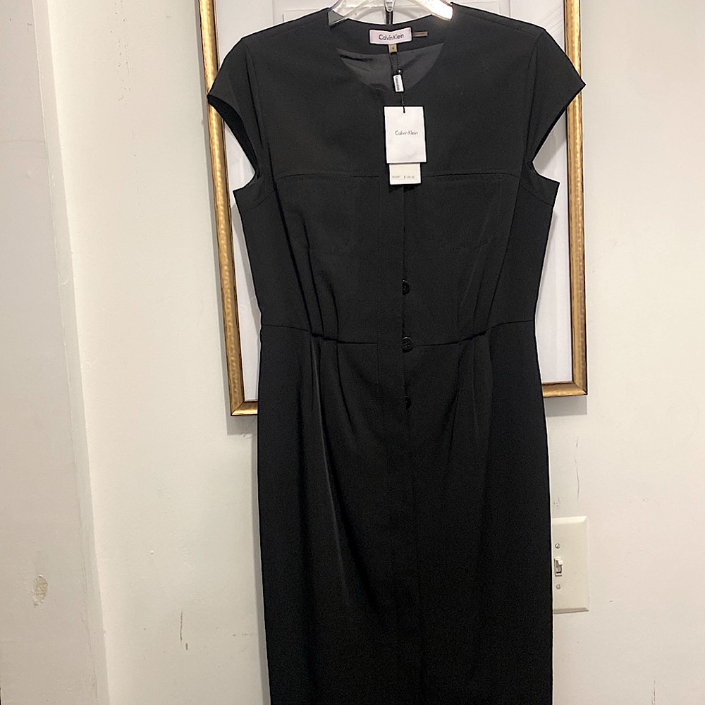 Black cap sleeve dress gathered at the bodice. Buttoned down front of dress.